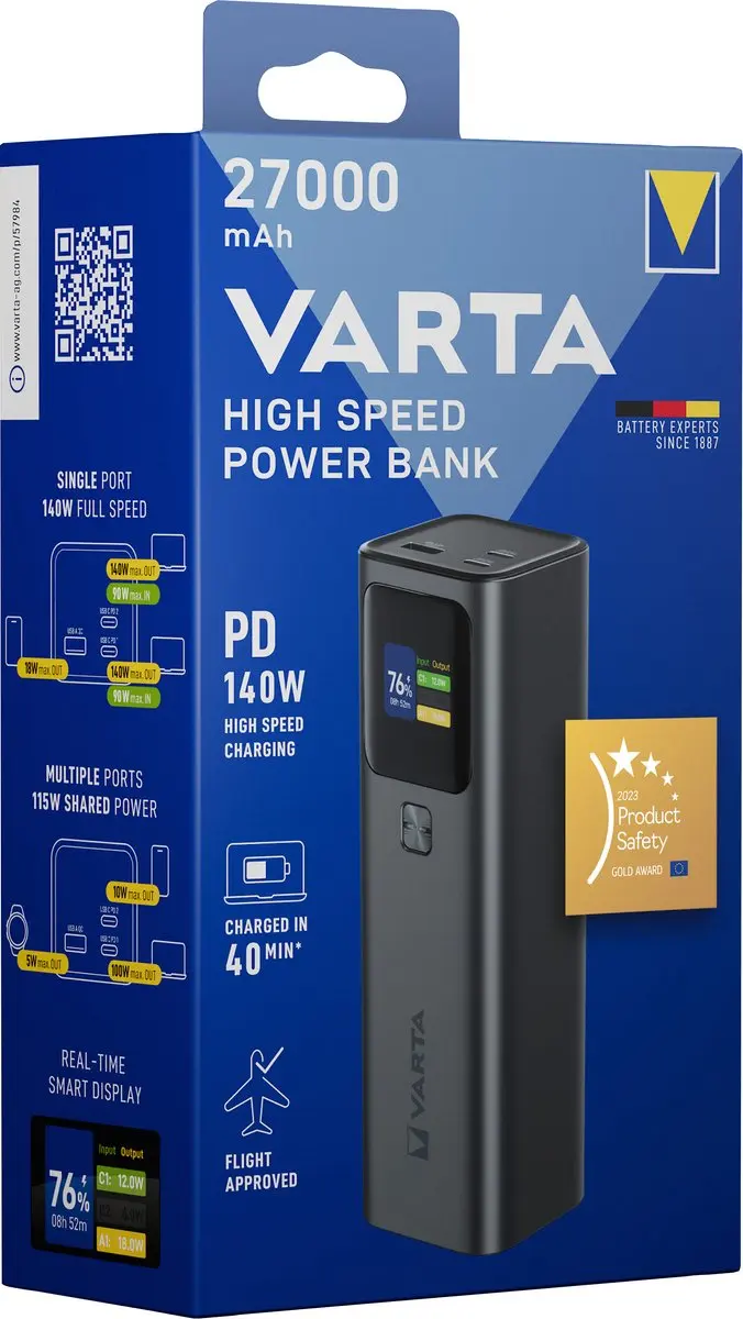 Varta Powerbank 27000mAh 140W - 2x USB-C & USB-A - Zwart