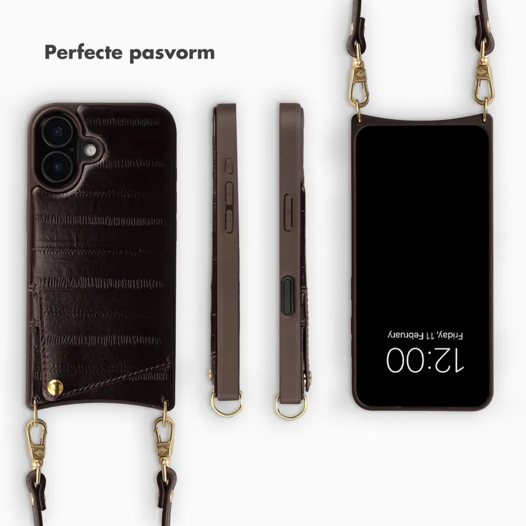Selencia iPhone 16 Hoesje - Donkerbruin Leder - 2 Pasjes