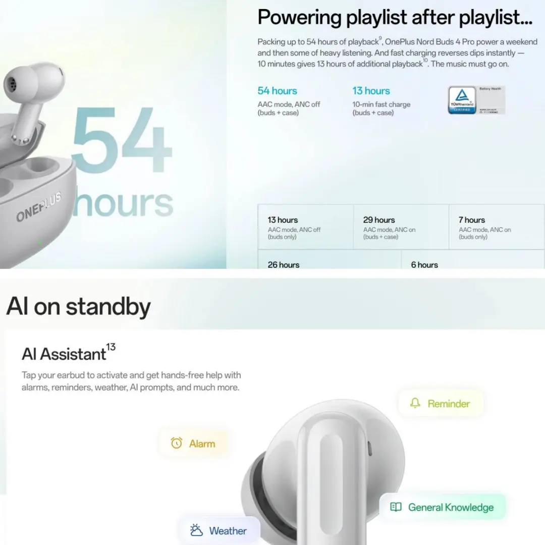OnePlus Nord Buds 4 Pro Oordopjes - 54u Batterij - Active Noise Cancelling - Radiant Grey
