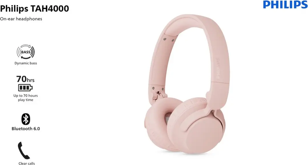 Philips Sound TAH4000 Draadloze On-Ear Hoofdtelefoon - Roze - afbeelding 6 van 6
