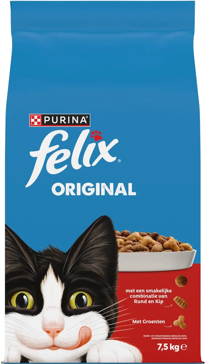 Felix Original Kattenvoer Droogvoer Rund Kip Kalkoen 7,5kg