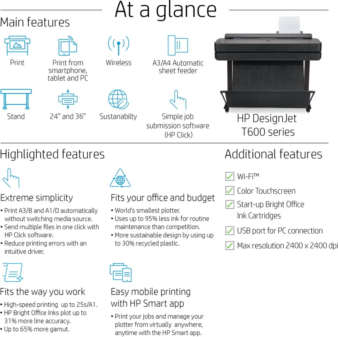 HP Designjet T650 5HB08D Printer - 4 Kleuren - 24 inch - Zwart