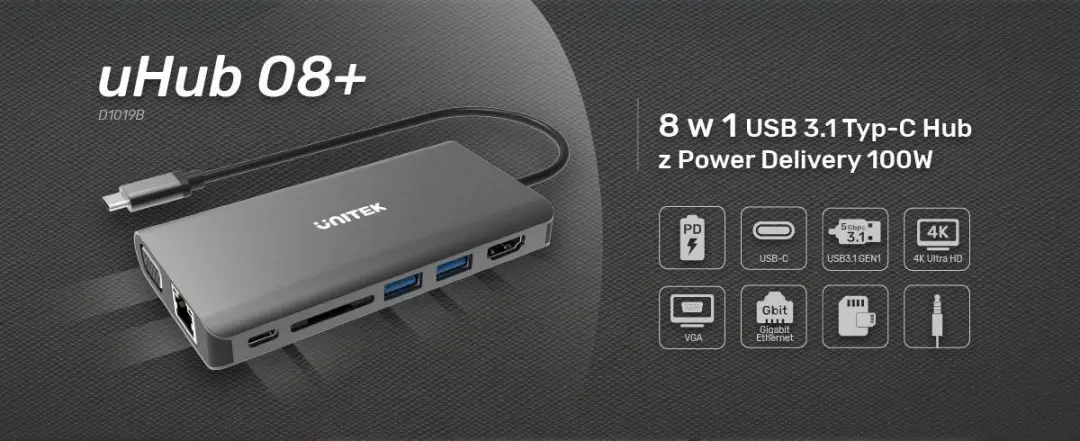 Unitek Hub USB-C D1019B 8-in-1 - 100W Power Delivery - Transparant