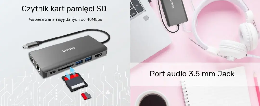 Unitek Hub USB-C D1019B 8-in-1 - 100W Power Delivery - Transparant