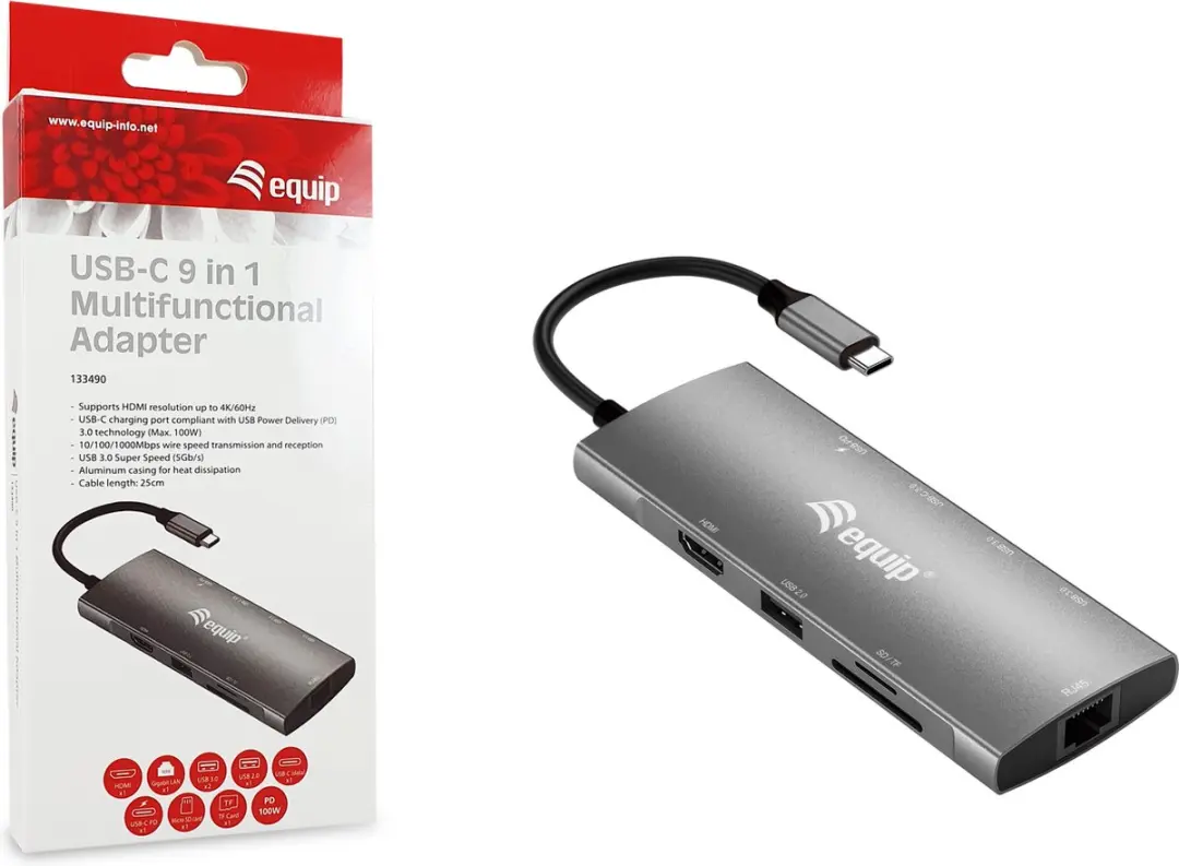 Equip 133490 USB-C 9-in-1 Adapter - Grijs