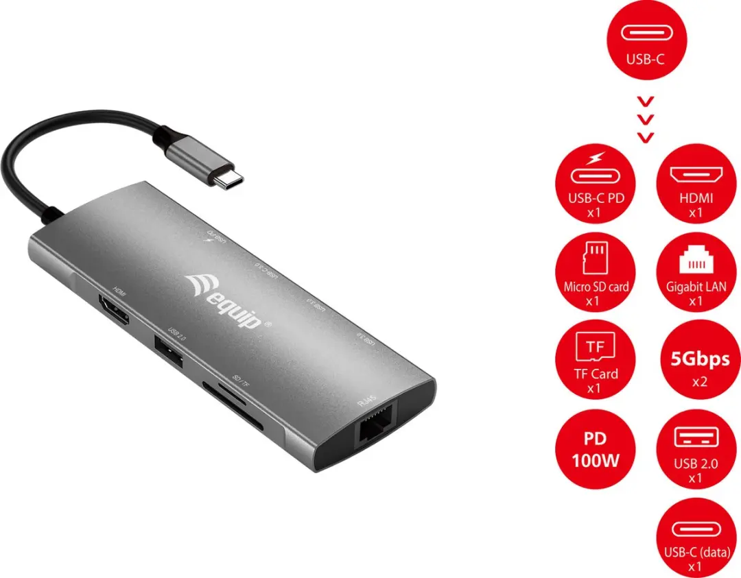 Equip 133490 USB-C 9-in-1 Adapter - Grijs
