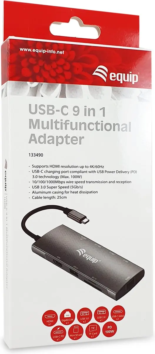 Equip 133490 USB-C 9-in-1 Adapter - Grijs