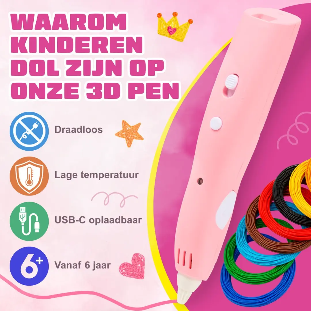 Fits4Kids 3D Pen Starterspakket Roze - Draadloos 60m PCL
