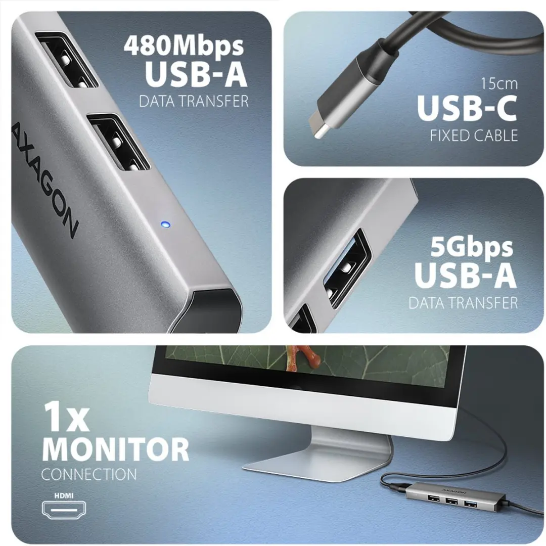 Axagon HMC-H3A Poortreplicator - USB 3.2 Gen 1 - Zilver