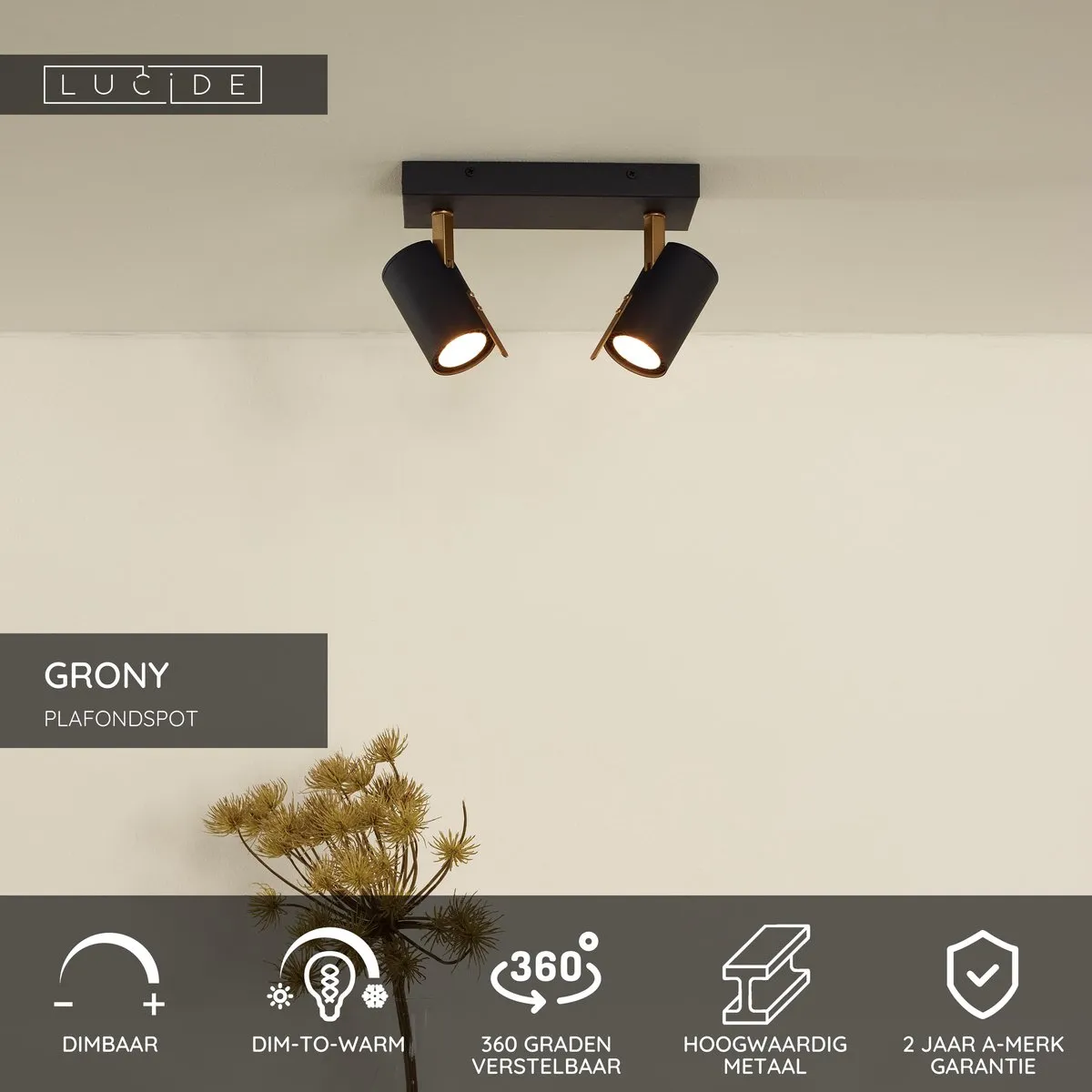Lucide GRONY Plafondspot - LED Dim to Warm 2x5W 2200K/3000K - Zwart