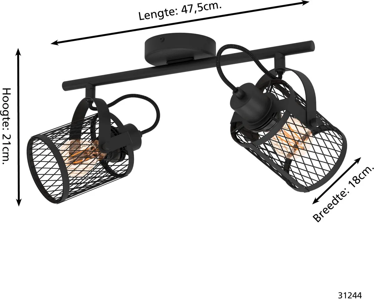 Eglo Dellow 1 Spot E27 2-Lichts Plafondlamp - Zwart