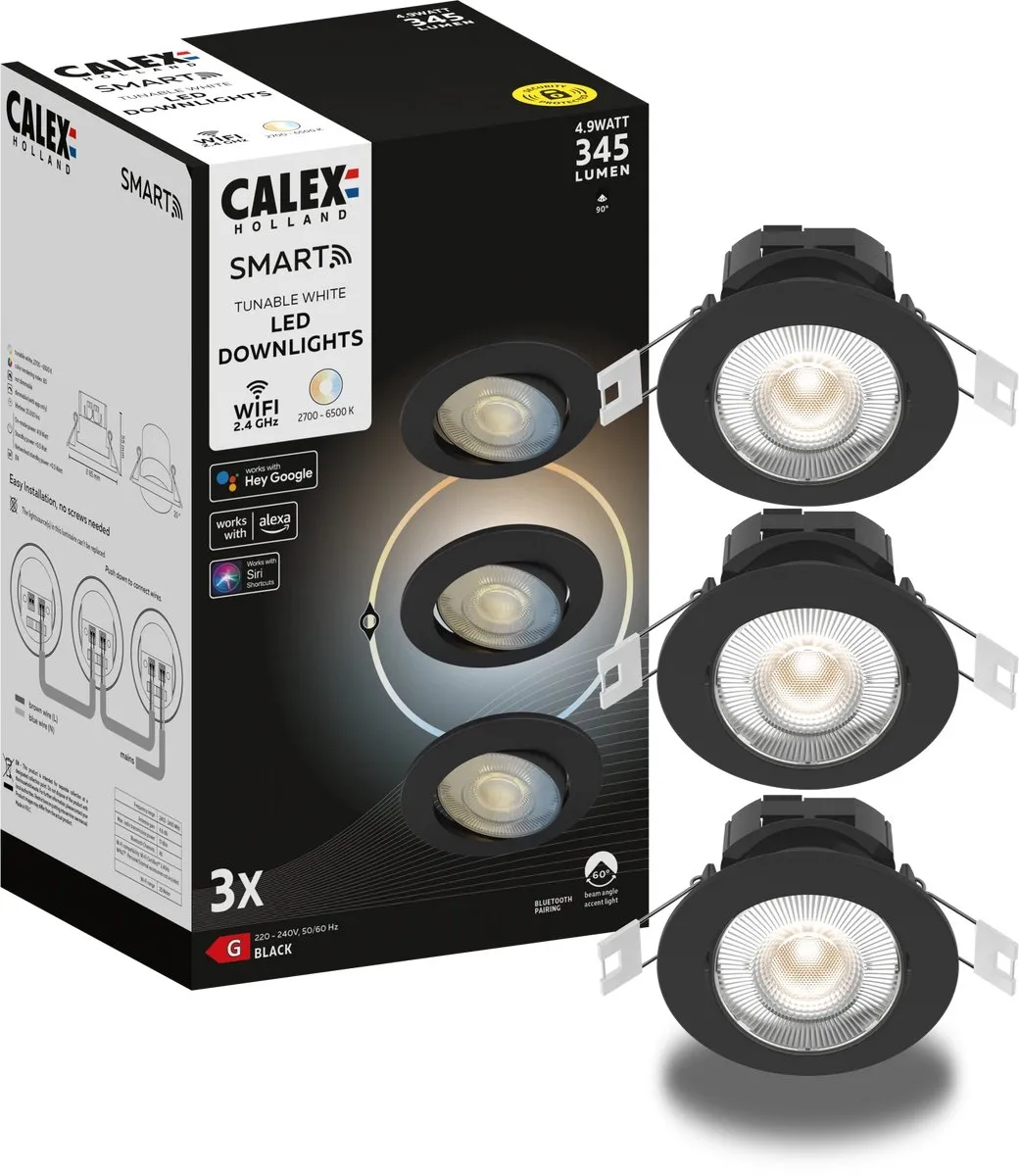 Calex Smart LED Inbouwspots 3000K - 3 Stuks - Zwart
