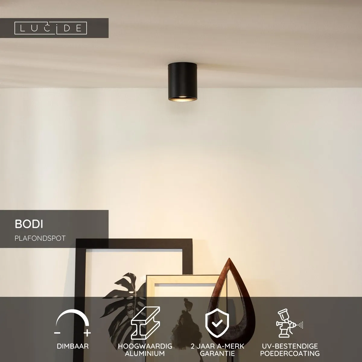 Lucide BODI Plafondspot Ø8cm GU10 - Zwart
