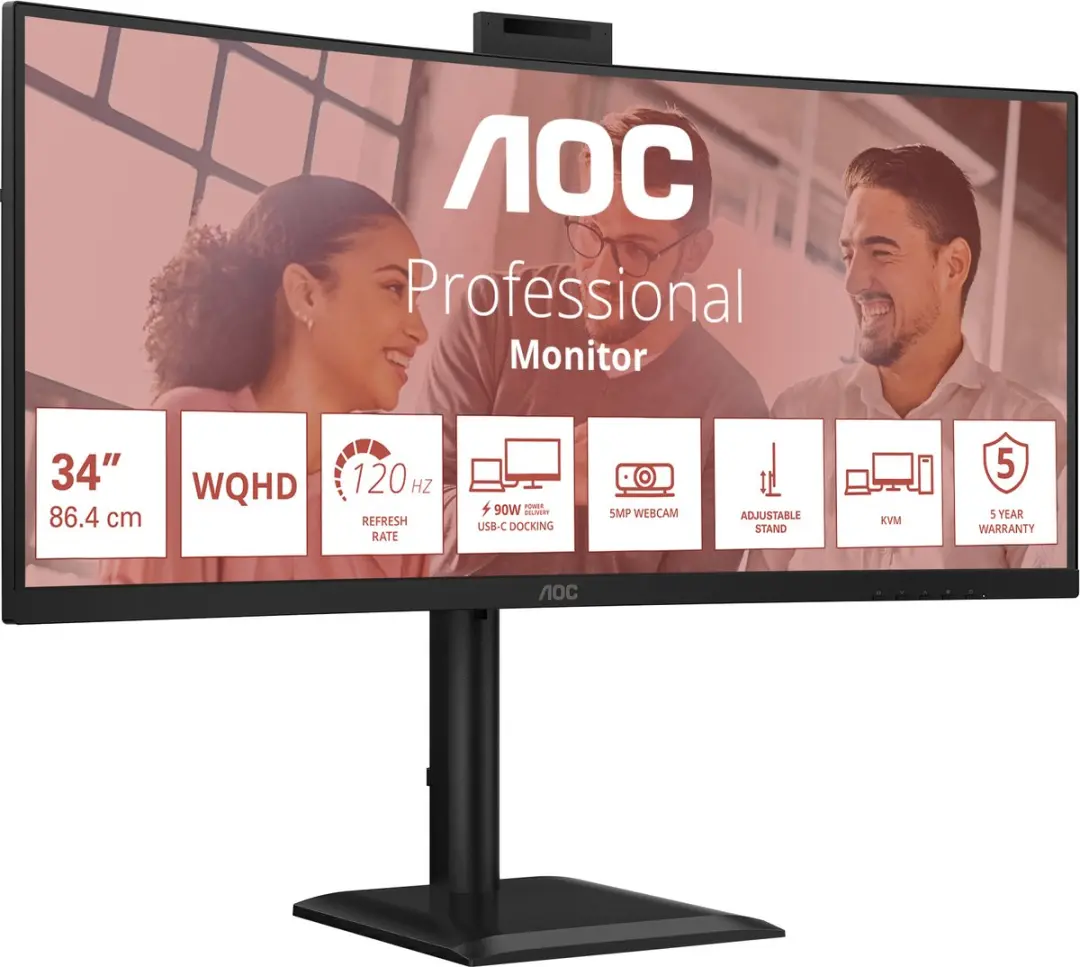 AOC CU34E4CW 34 inch QHD Ultrawide Monitor - Zwart - afbeelding 6 van 6