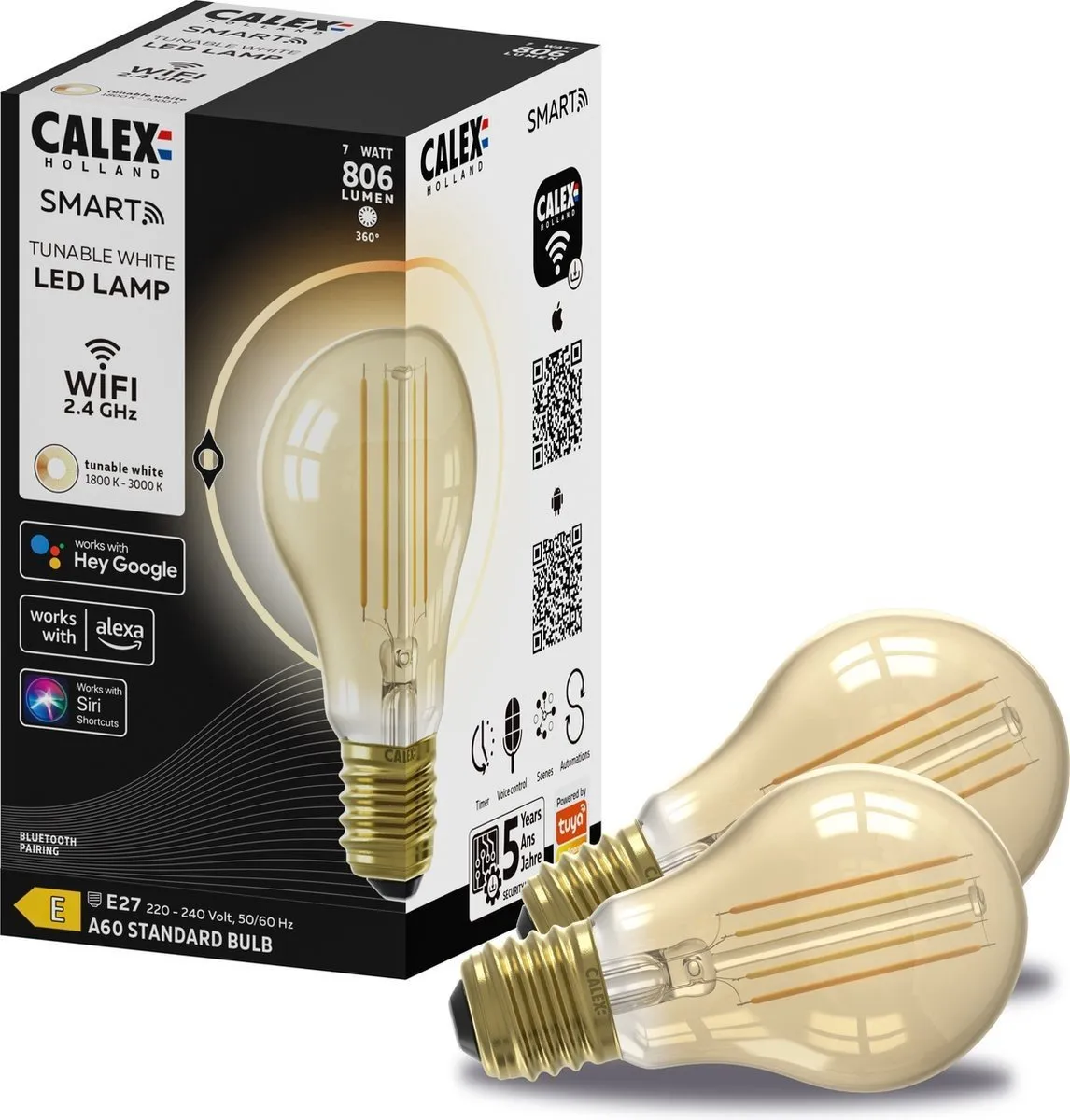 Calex Slimme LED Filament Lamp E27 7W - 2 Stuks - Goud - Warm Wit