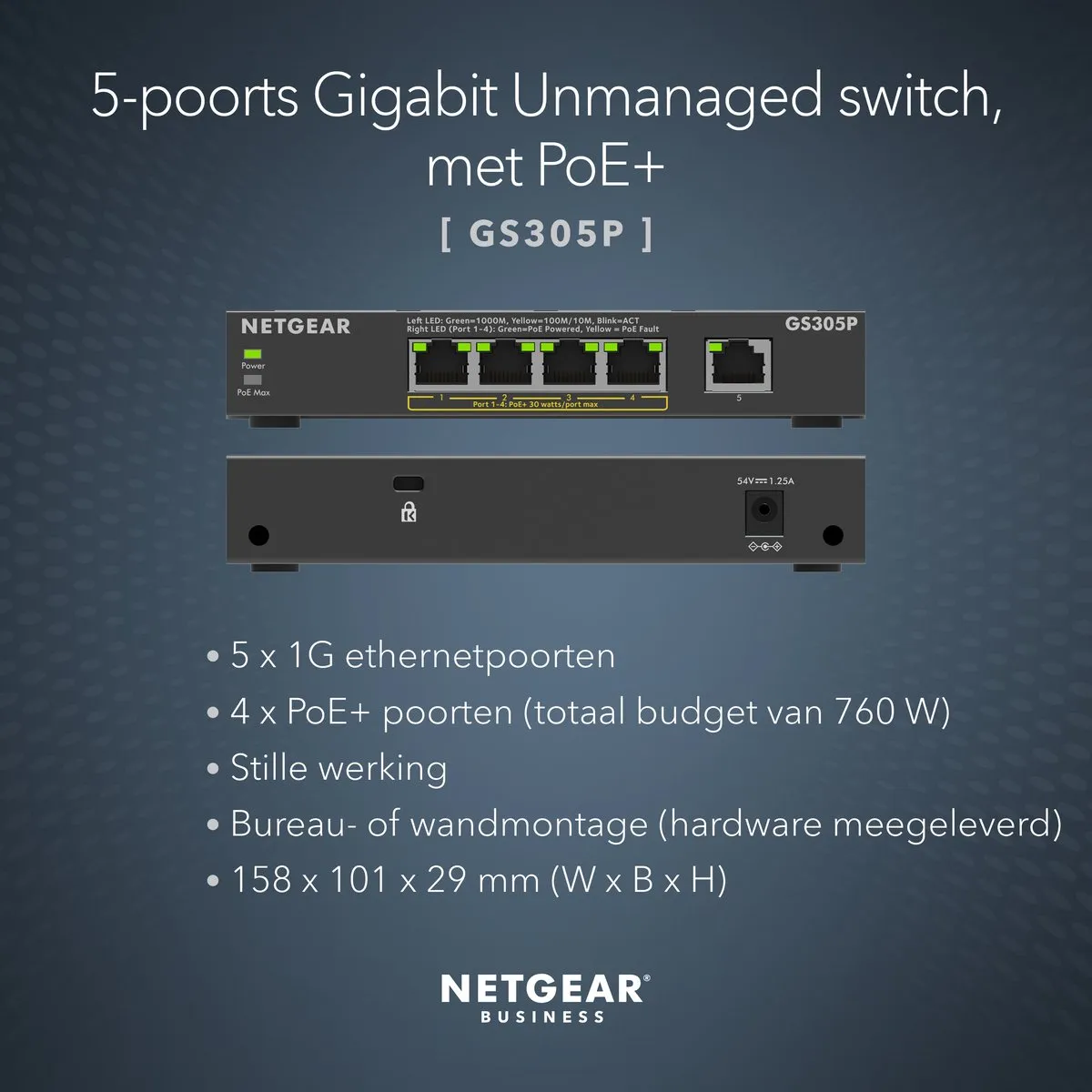 Netgear GS305P 5-Poort PoE+ Switch - 1Gbps - 63W