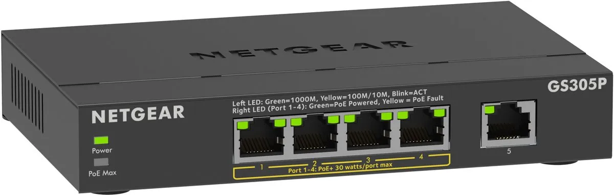 Netgear GS305P 5-Poort PoE+ Switch - 1Gbps - 63W