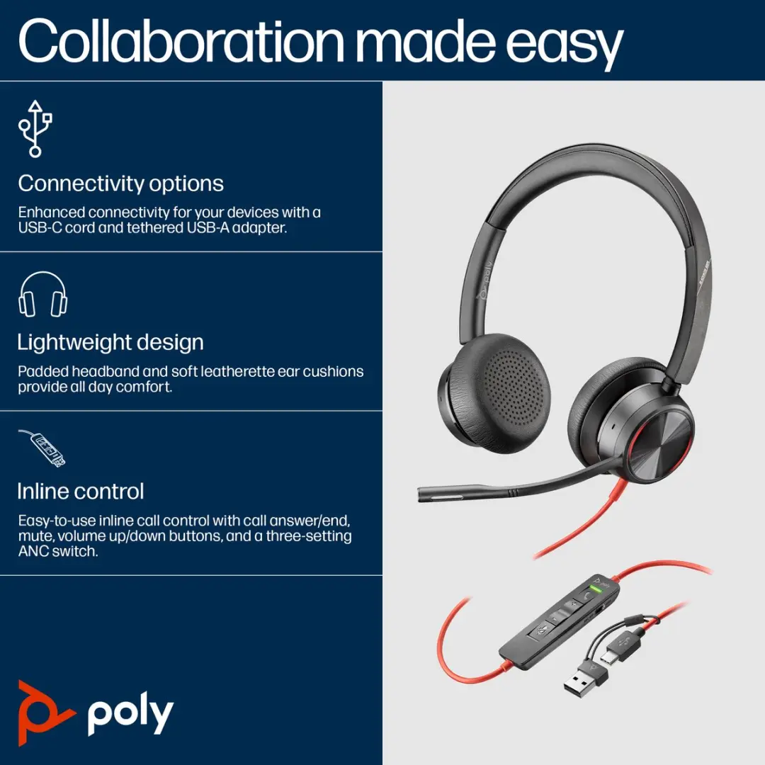 HP Poly Blackwire 8225 Headset - Zwart