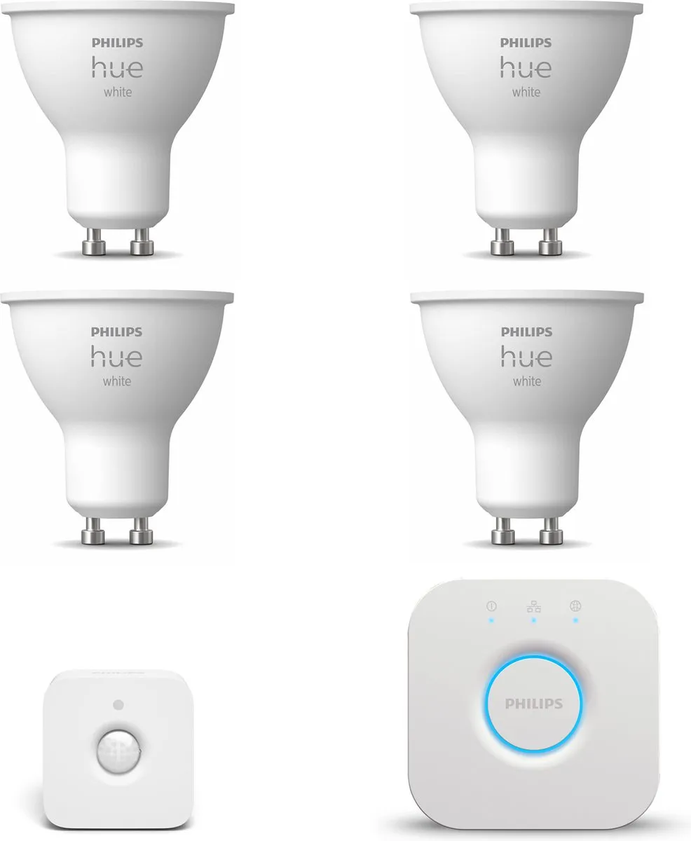 Philips Hue Starterspakket - GU10 - met 4 Spotjes - Warmwit Licht - Incl. 1 Hue Bridge, 1 Hue Bewegingssensor voor Binnen - Hue White