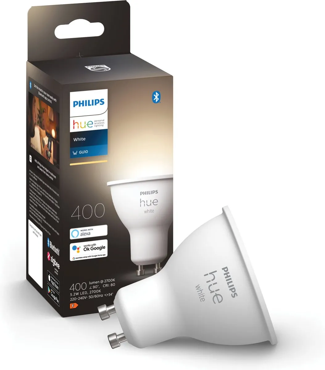 Philips Hue Starterspakket - GU10 - met 4 Spotjes - Warmwit Licht - Incl. 1 Hue Bridge, 1 Hue Bewegingssensor voor Binnen - Hue White