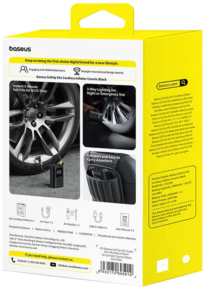 Baseus Gotrip VA1 Draadloze Compressor - Universeel - Zwart