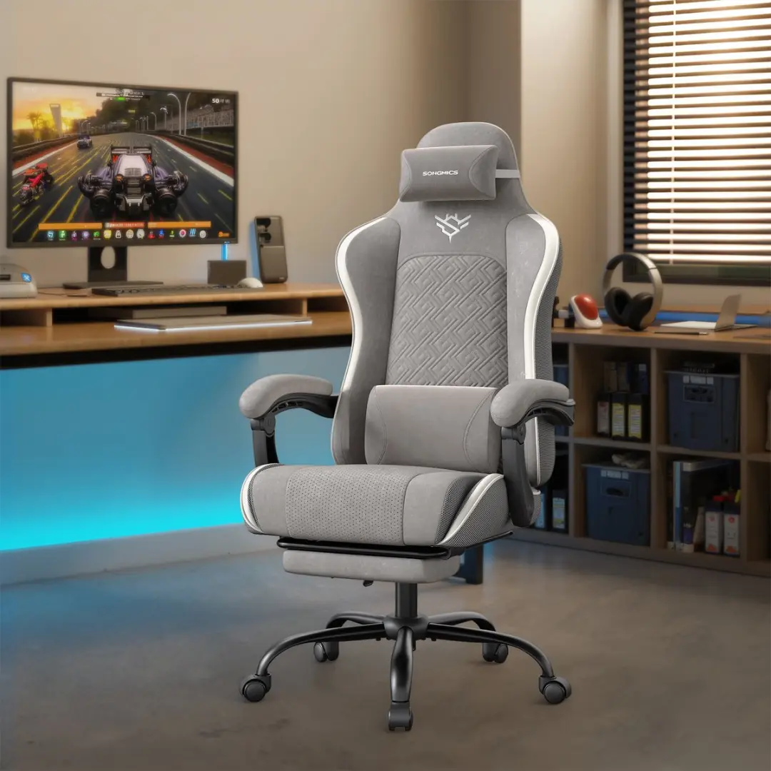 Songmics Gaming Stoel met Voetsteun - Zitkussen Grijs