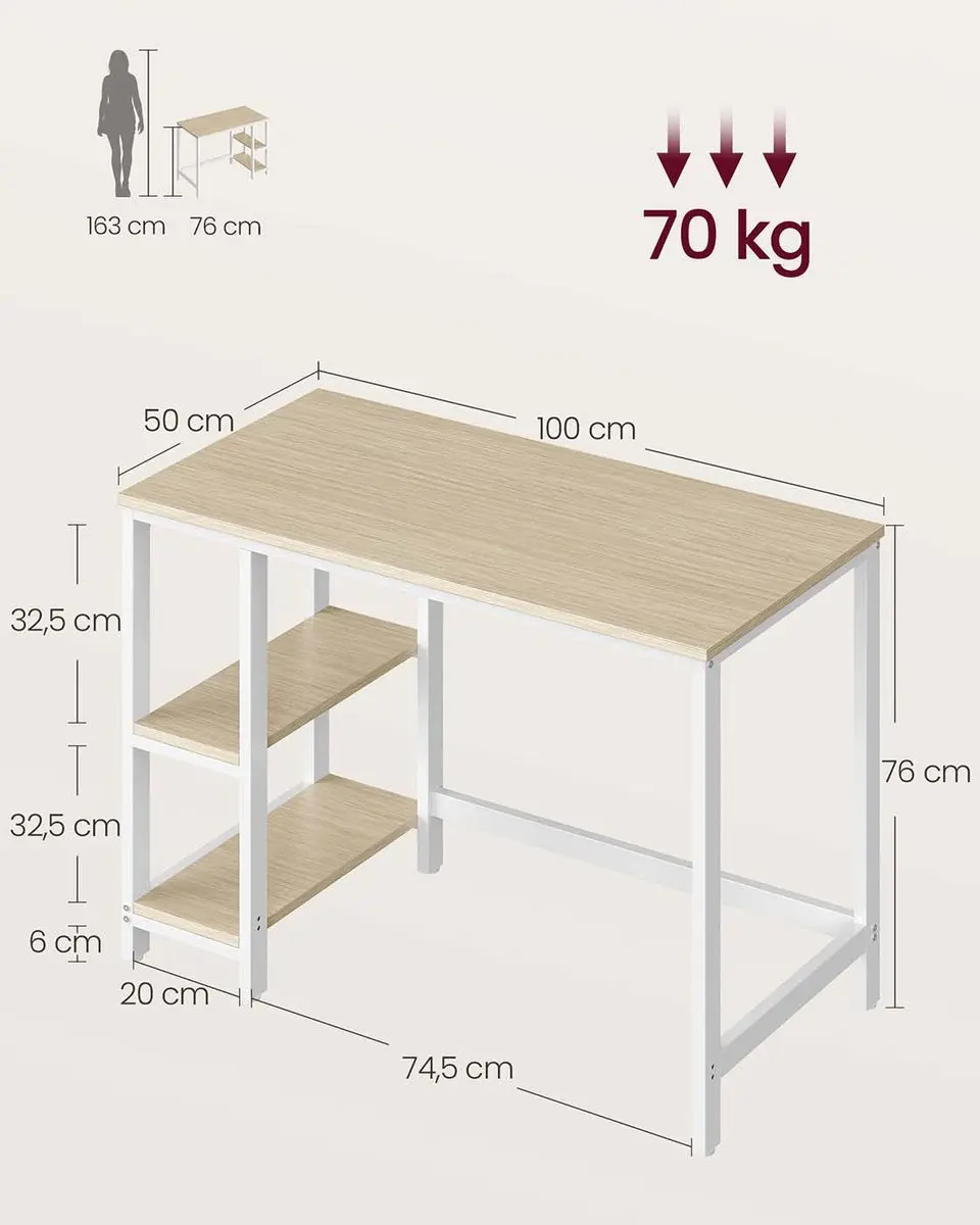 Songmics Kantoortafel 100x50cm Naturel Beige-Wit