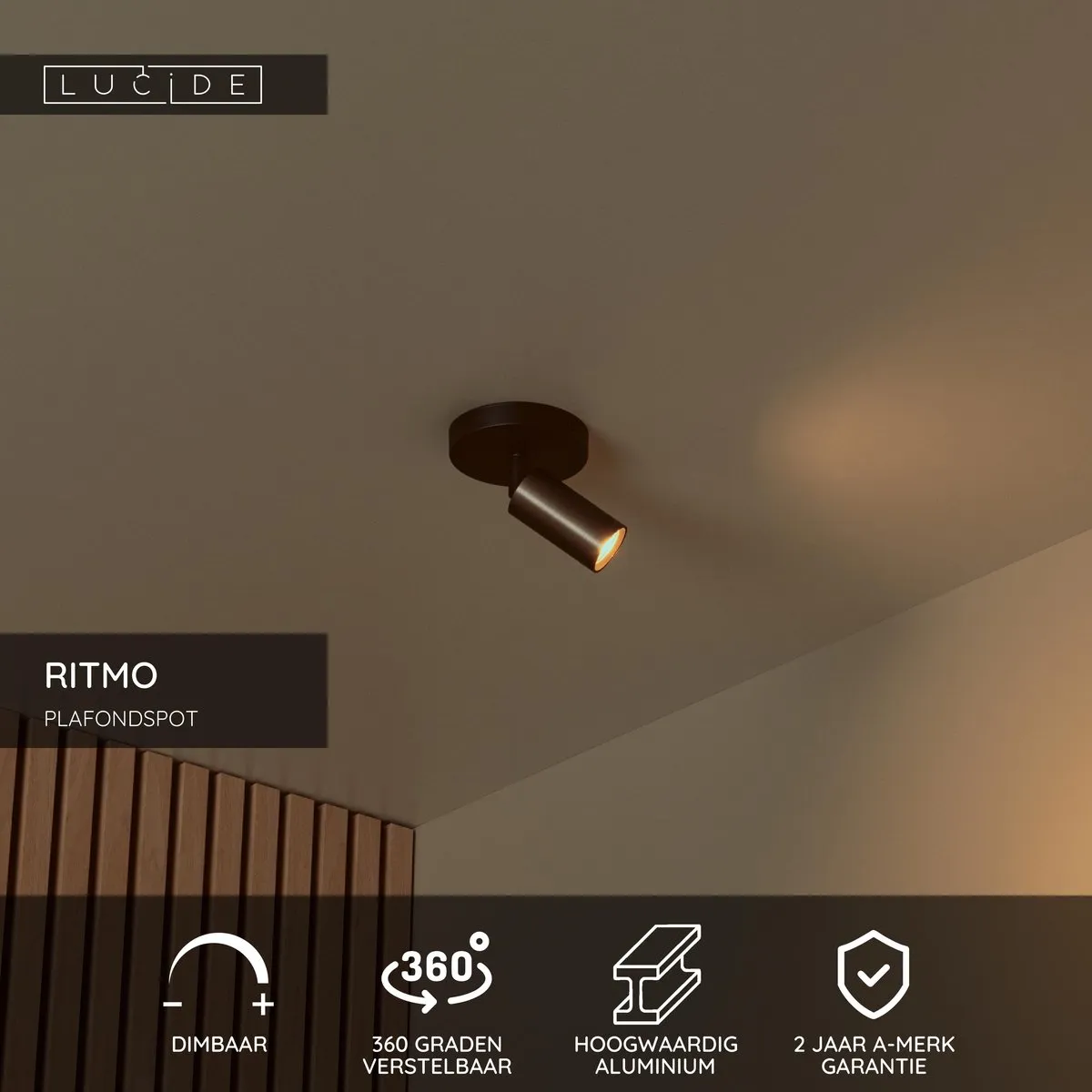 Lucide Ritmo Plafondspot Ø10cm - 1xGU10 - Koffie