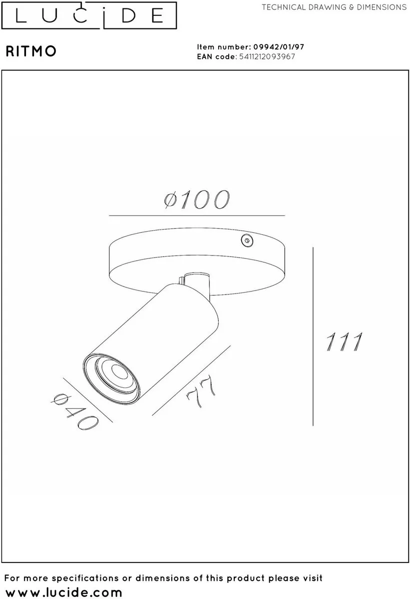 Lucide Ritmo Plafondspot Ø10cm - 1xGU10 - Koffie - afbeelding 6 van 6