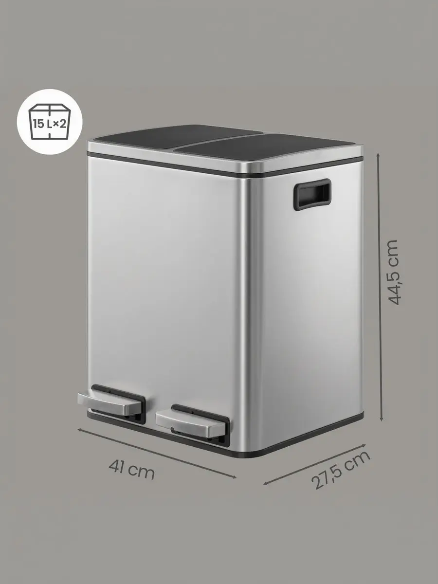 Songmics LTB030EB02 Prullenbak 2x15L - Metallic Zilver-Inktzwart - afbeelding 2 van 5
