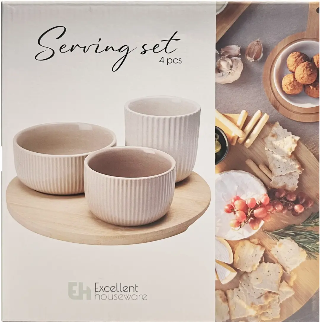 Excellent Houseware Tapasplank 20cm - 4-delig met 3 Porseleinen Dipbakjes