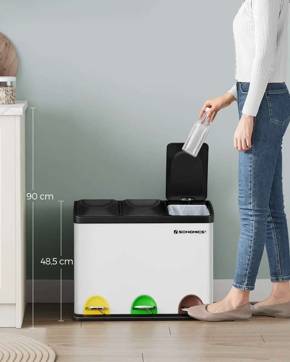 Songmics LTB45W Prullenbak 3 Vakken 45L - Wit-Zwart