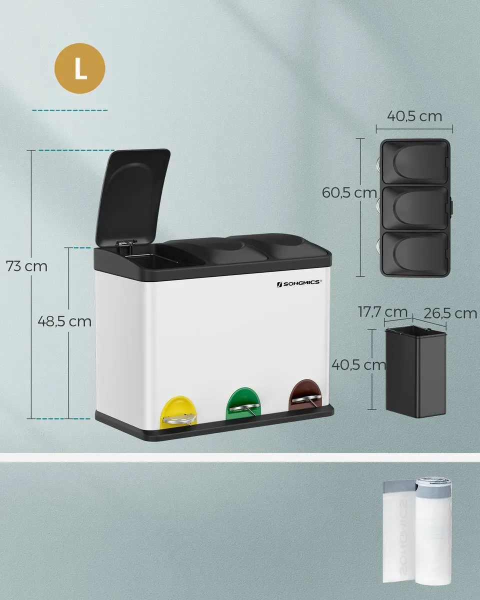 Songmics LTB45W Prullenbak 3 Vakken 45L - Wit-Zwart