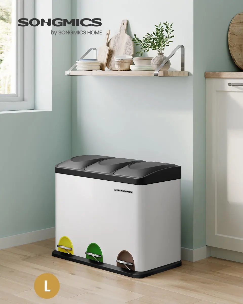 Songmics LTB45W Prullenbak 3 Vakken 45L - Wit-Zwart