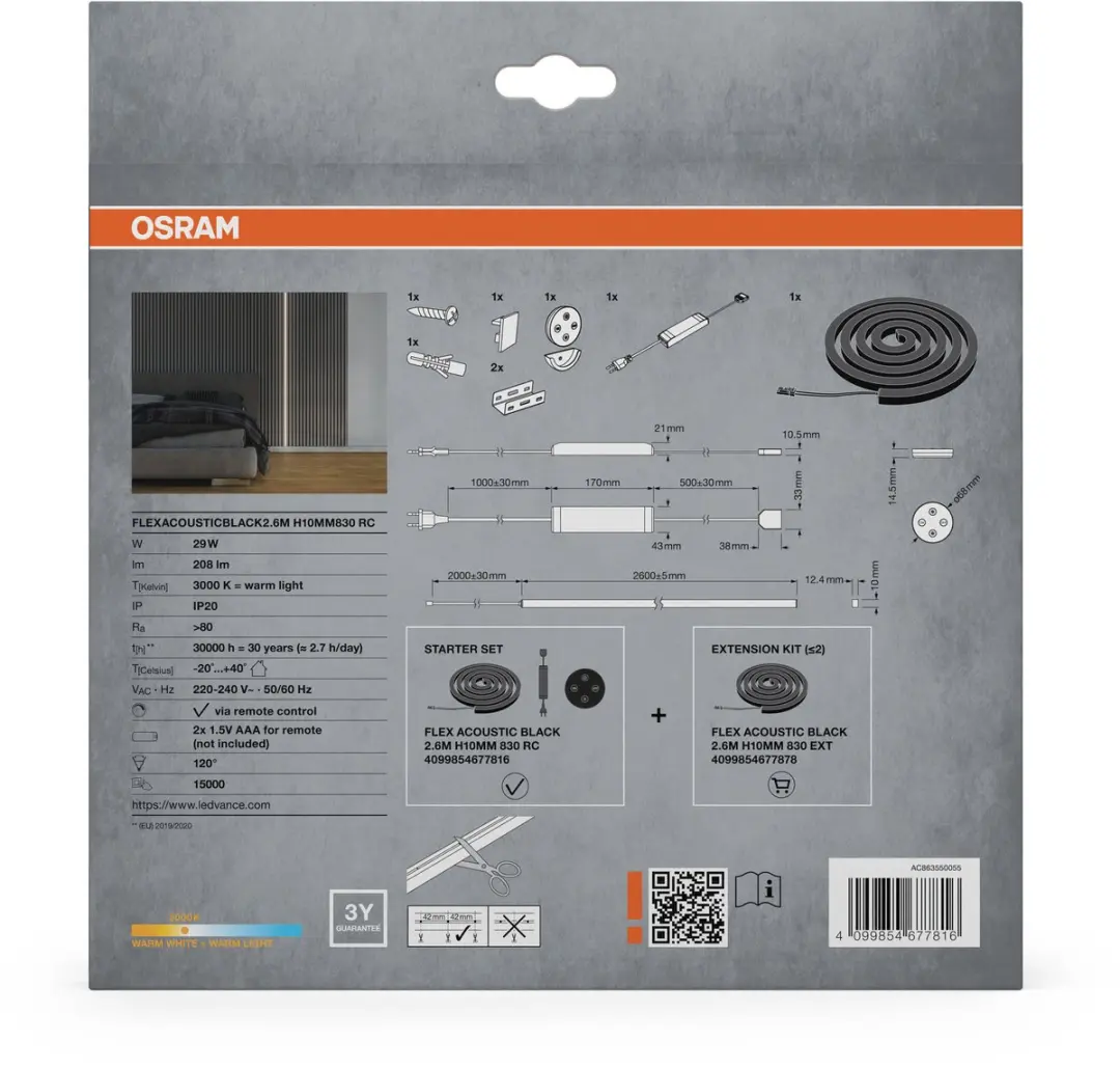 Osram Flex Acoustic LED-strips 2,6m 29W 3000K - Starter Set met afstandsbediening