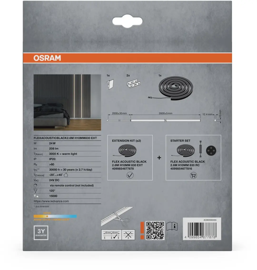 Osram Flex Acoustic LED-strips 2,6m 24W - 208lm 3000K - Uitbreidingsset - Mat zwart