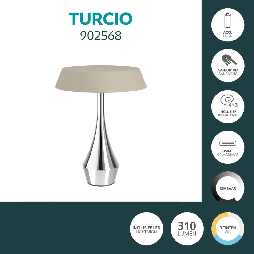 Eglo Turcio Oplaadbare Tafellamp - 20cm - Chroom/Zandkleur