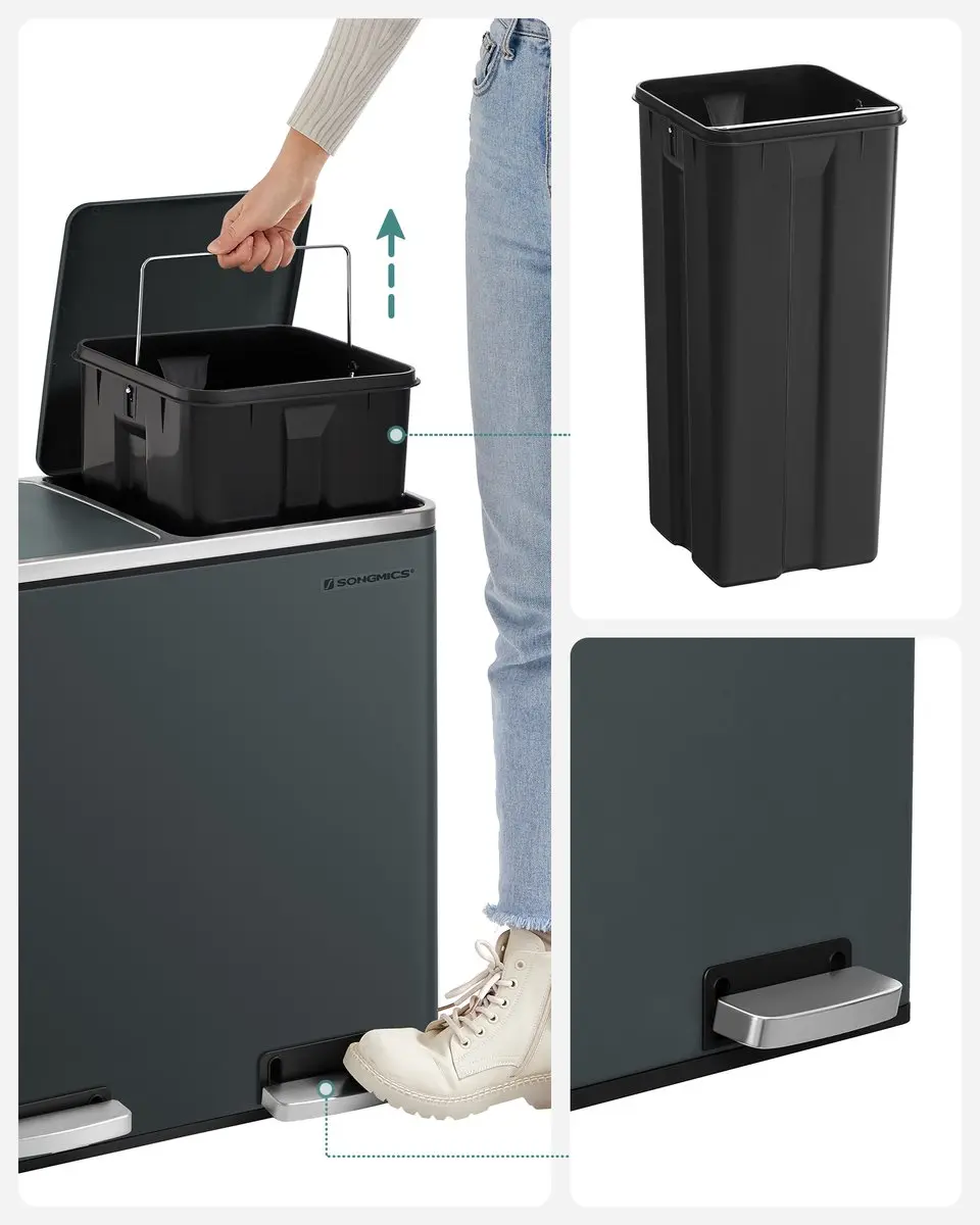 Songmics LTB048GT01 Keukenprullenbak 48L - 2 Vakken - Eikenbruin/Zwart