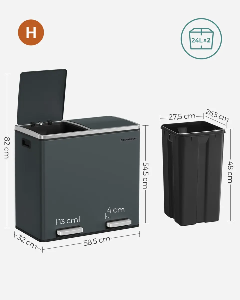 Songmics LTB048GT01 Keukenprullenbak 48L - 2 Vakken - Eikenbruin/Zwart