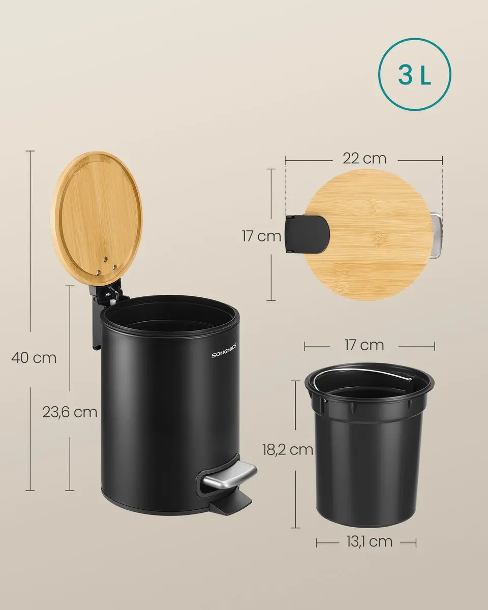 Songmics LTB113BZ01 Prullenbak 3L - Bamboe deksel Softclose - Inktzwart
