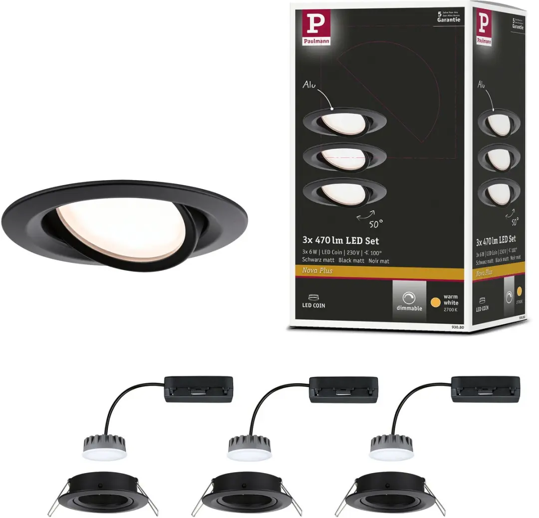 Paulmann Nova Plus Coin Basisset LED-inbouwlamp 3x6W 470lm 2700K - Zwart mat