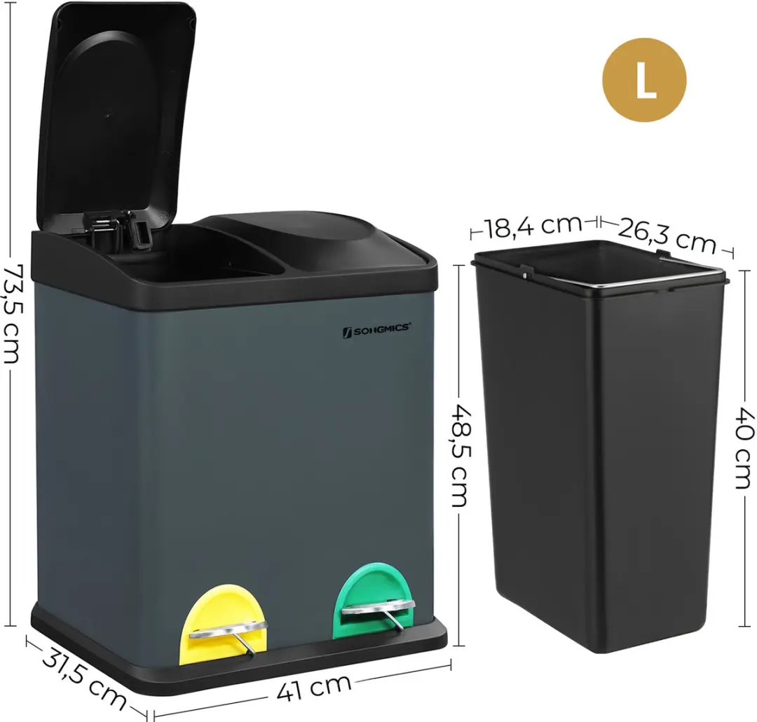 Songmics LTB30G Prullenbak 30L - 2x15L Voetpedaal Grijsgroen