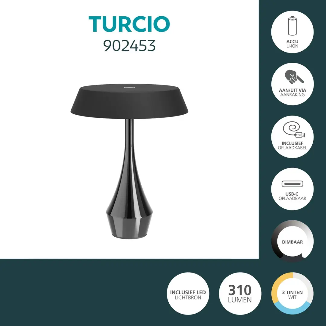 Eglo Turcio Oplaadbare Tafellamp 20cm - Zwart - Instelbaar Licht