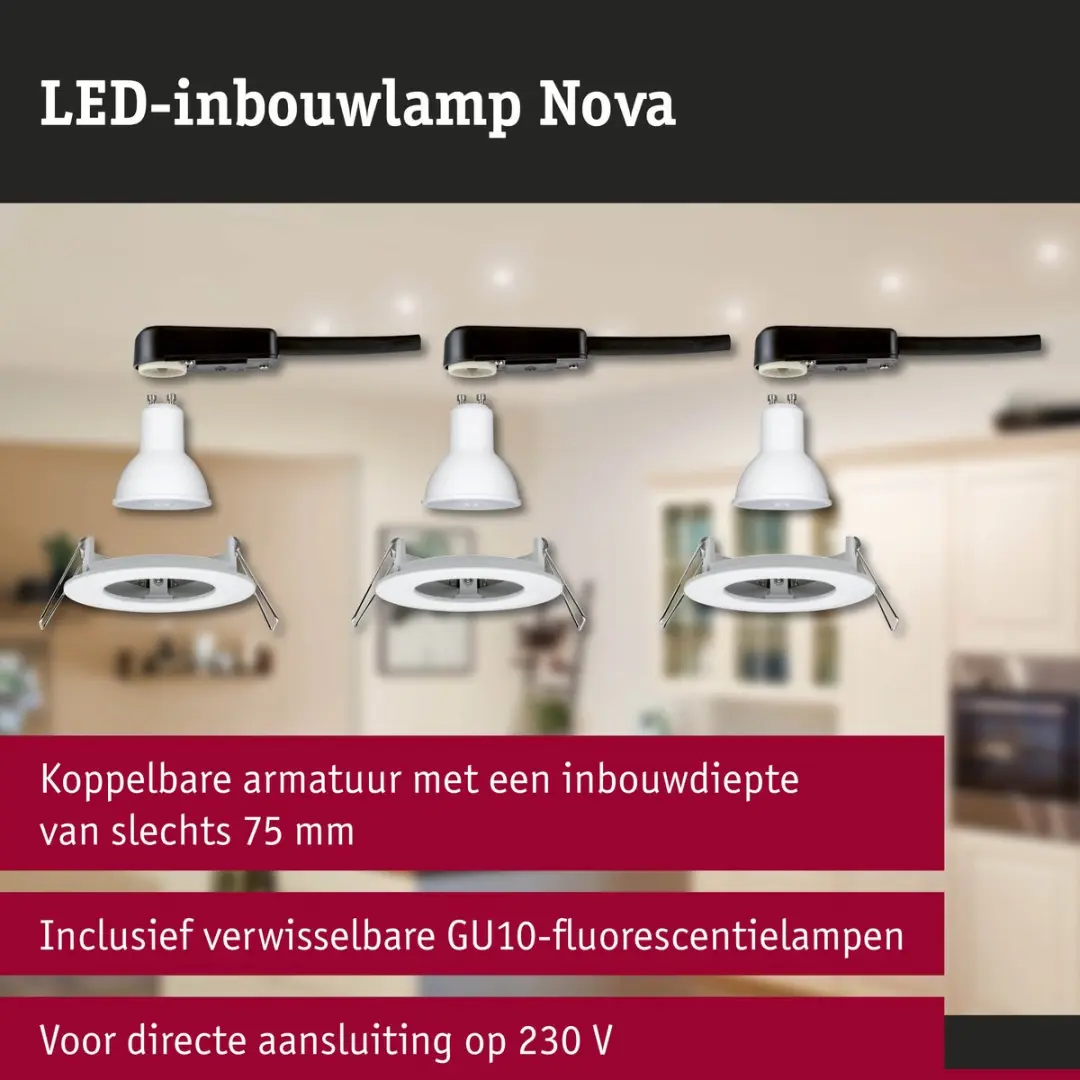 Paulmann Nova Basisset LED-inbouwlamp 3x6,5W 470lm 78mm GU10 - Wit mat - afbeelding 6 van 6