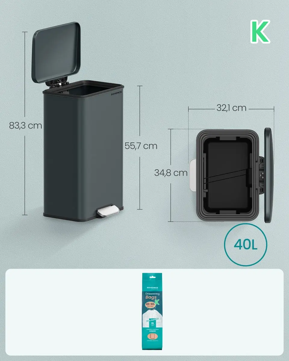 Songmics LTB540G02 Prullenbak 40L - Grijs - Softclose - 15 Zakken