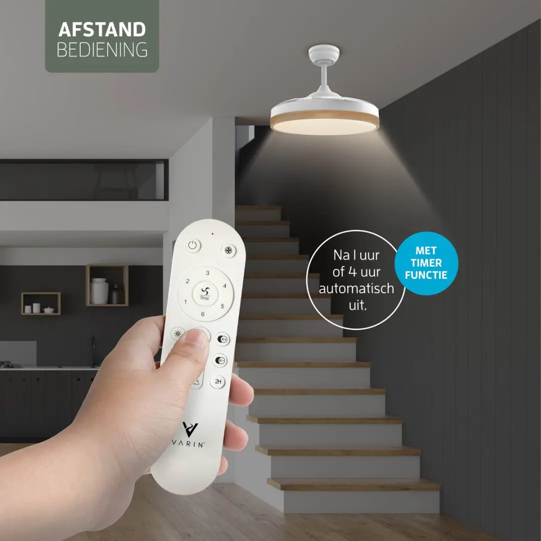 Varin Smart Plafondventilator LED RGBW 108cm - Wit/Lichthout - Tuya Wifi