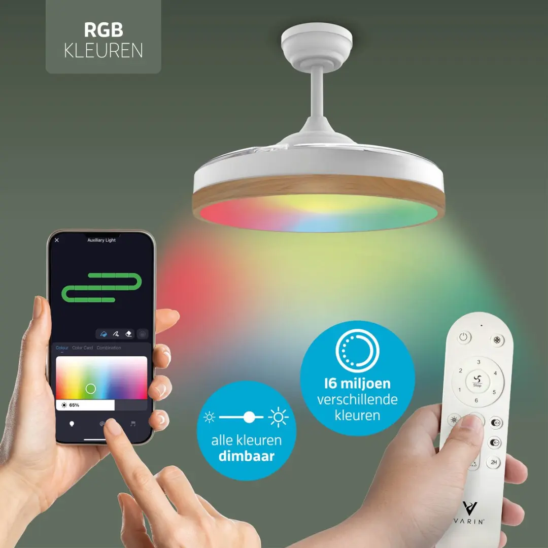 Varin Smart Plafondventilator LED RGBW 108cm - Wit/Lichthout - Tuya Wifi - afbeelding 6 van 6
