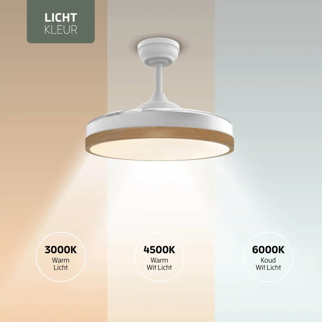 Varin Smart Plafondventilator LED RGBW 108cm - Wit/Lichthout - Tuya Wifi