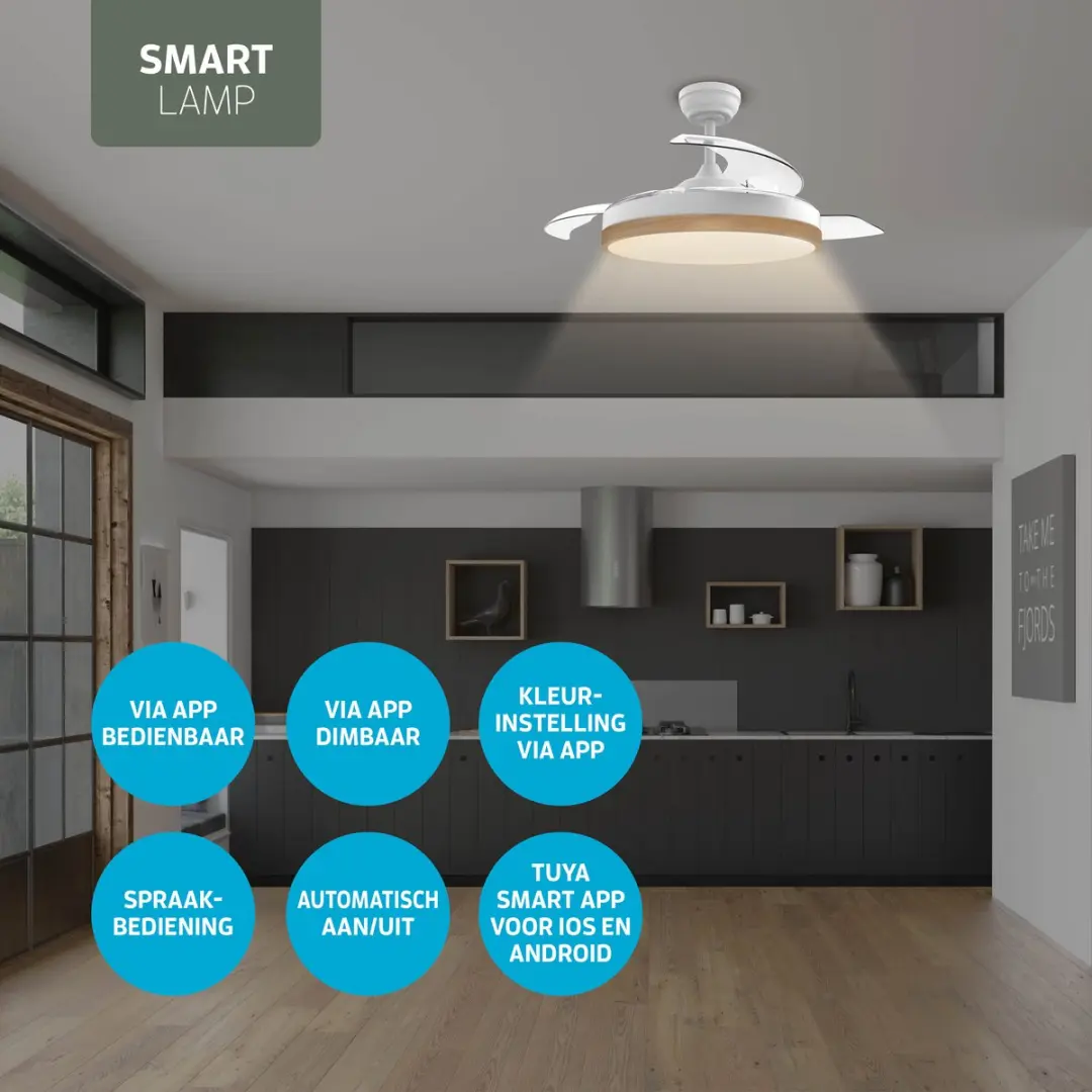 Varin Smart Plafondventilator LED RGBW 108cm - Wit/Lichthout - Tuya Wifi
