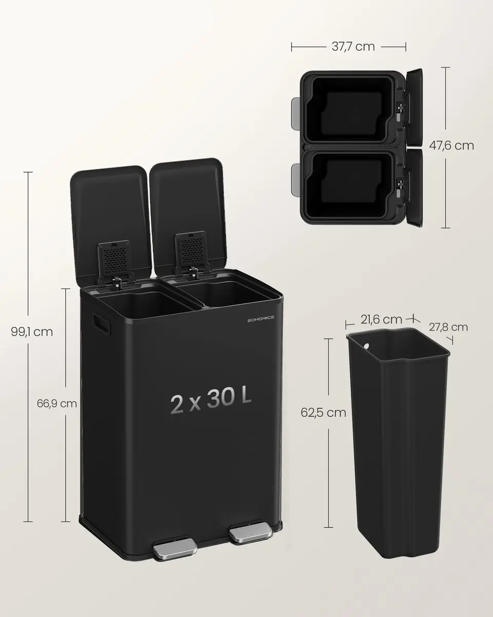 Songmics LTB741B02 Prullenbak Keuken 60L - 2x30L - Zwart - 15 Vuilniszakken